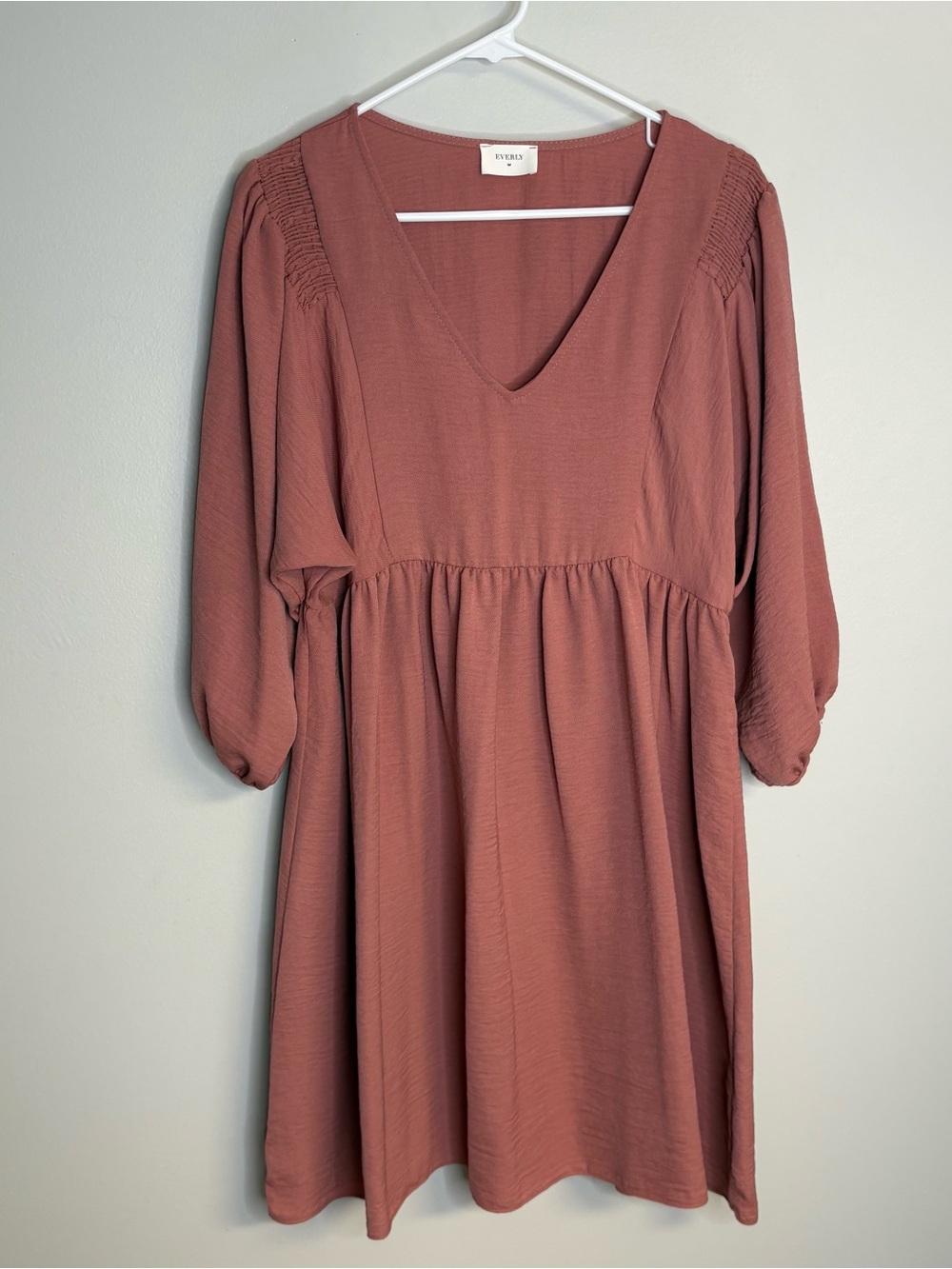 Everly Dusty Rose V-Neck Smocked Shoulder Dress